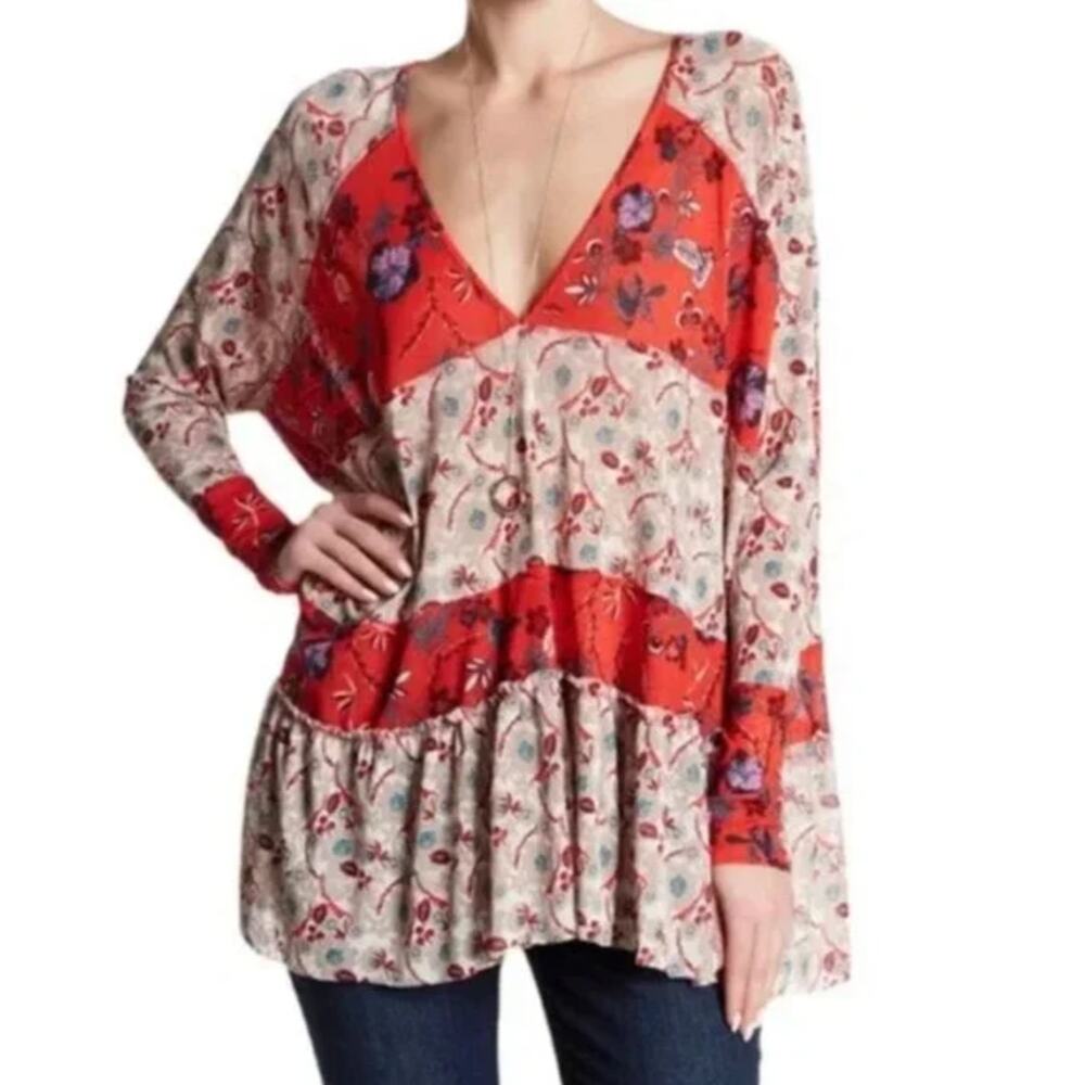 Free People Isabelle Tunic Top Womens XS Red Gray Floral Oversized Boho Feminine